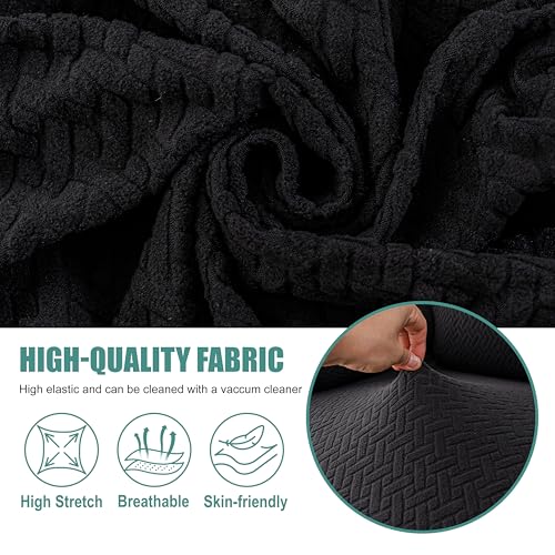 Image of Genina Recliner Loveseat Covers with Console, Stretch Reclining Sofa Covers, 2 Seater Couch Cushion Stripe Jacquard Recliner Slipcovers - Furniture Protector Covers for Pet(Black)