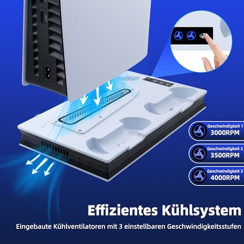 Wigearss PS5/PS5 Slim/PS5 Pro Kühler Standfuß mit Dual Controller Ladegerät, PS5 Controller Ladestation Standfuß mit Lüfter für PS5/PS5 Slim/PS5 PRO UHD/Digital Edition 4