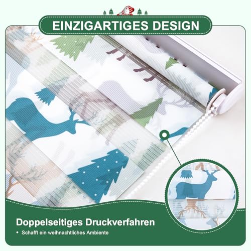Deswell Doppelrollo mit Muster Weiß-Elch B85 x H120 cm(Stoffbreite 81cm), Doppelrollo Klemmfix ohne Bohren mit Motiv… – Ansicht 2