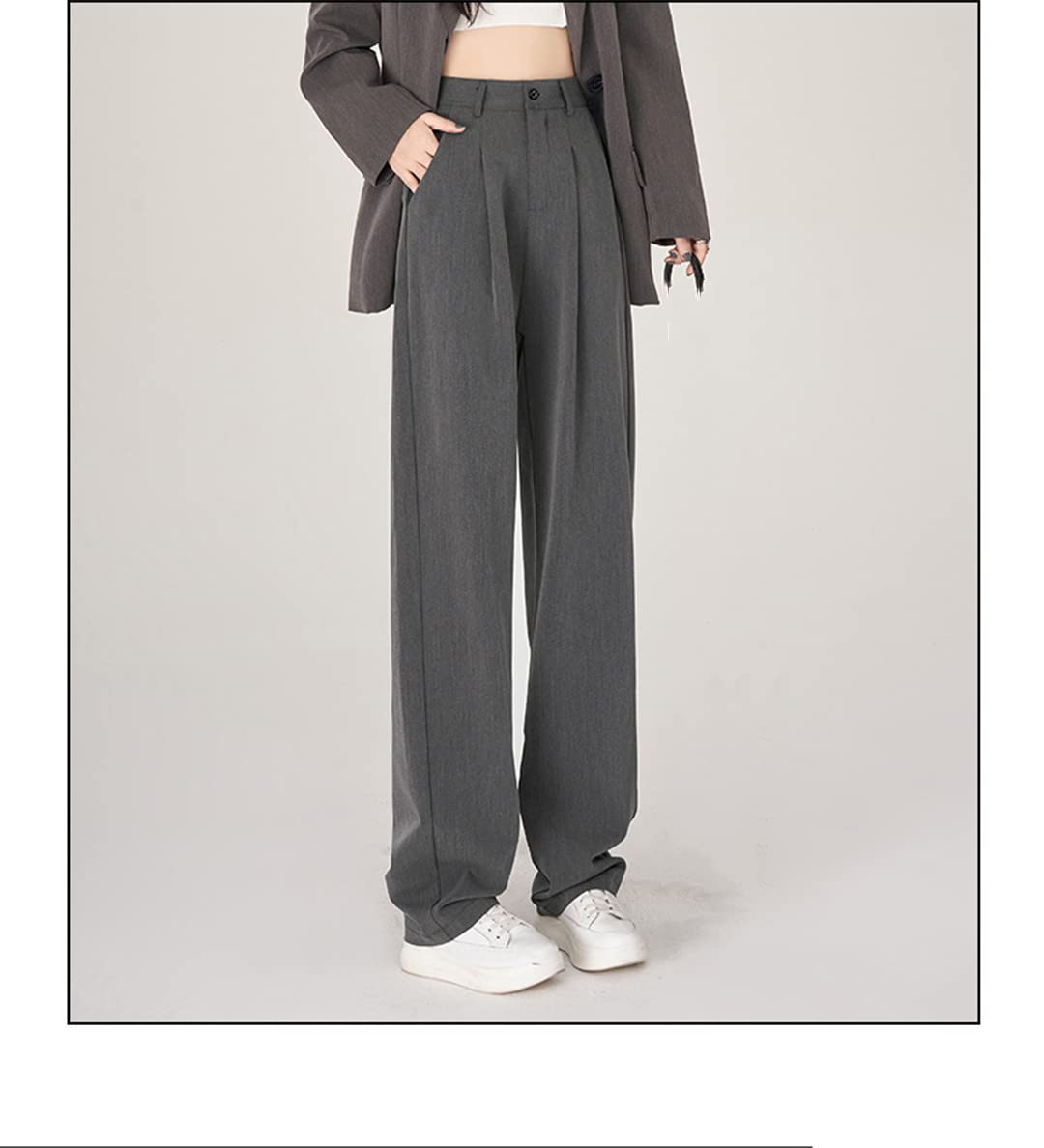 Pantaloni da donna Pantaloni a vita alta Pantaloni allentati Pantaloni larghi a tutta lunghezza ufficio Solido pieghettato, grigio, L
