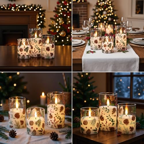 Image of Christmas Flameless Candles with Pinecone Decals, 3 Pcs Glass LED Battery Operated Candles with Remote Timer and 3D Flickering Flame for Christmas Holiday Home Decor(Set of 3, D3 inch x 4 inch5 inch6 inch)