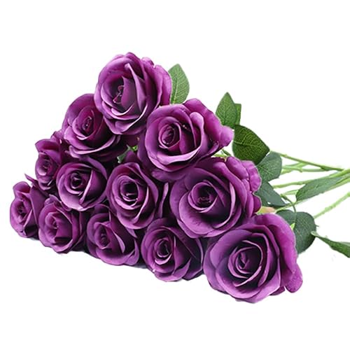 LVEFIT Artificial Rose Flower Artificial Flowers Flower with Long Stem Silk Roses Bouquet for Wedding Bridal Shower Party Home Decoration (Plum, 12 Pcs)