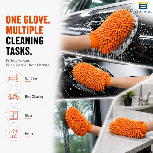 Image of Btag Microfibre Double Sided Wash Mitt Cleaning Gloves | Regular Quality | Super Absorbent | Extra Large | 4 pc Pack | Orange