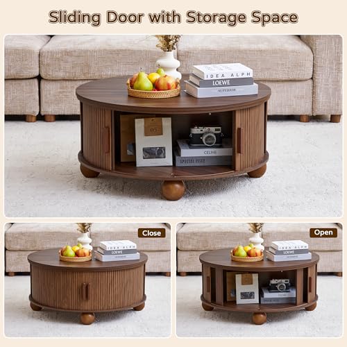 Image of Round Lift Top Coffee Table with Storage, Fluted Circle Coffee Table,Walnut | 33.5 inch Mid Century Modern Lift Top Coffee Table with Sliding Door & Solid Wood Legs, Circle Round Center Table for Living Room