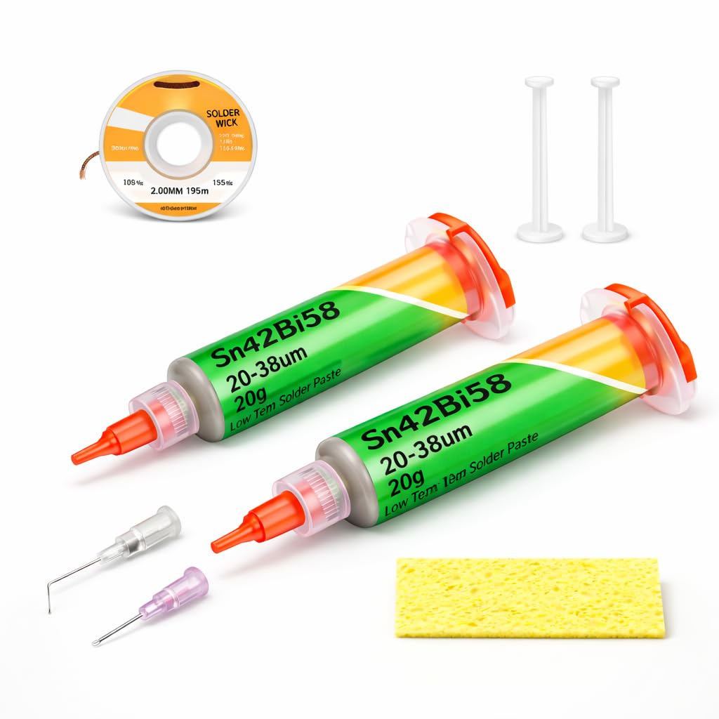 PACK 2 UNIDADES (40g) Pasta de Soldadura Sn42Bi58 para Electrónica – Flux Profesional No-Clean para Soldar SMD/PCB/Componentes – Incluye Malla Desoldadora 2mm x 1,5m y Esponja