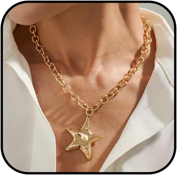Gold Star Necklace for Women Trendy Bold Star Pendant Necklace Statement Necklaces Vintage Hammered Jewelry