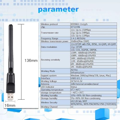 Image of RT5370 USB 2.0 150mbps WiFi Wireless Network Card 802.11 B /g /n LAN Adapter with Rotatable Antenna Black-GOLDEN BLUE