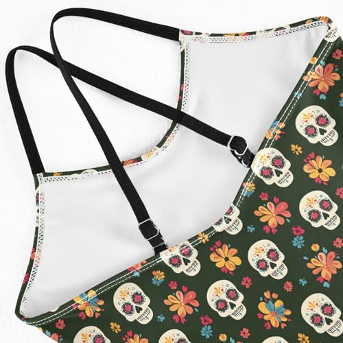 senya Girls Swimsuits One-Piece Swimwear Tie Bathing Suit Beach Summer Round Neck 9-10T Various Skull Flower Pattern4