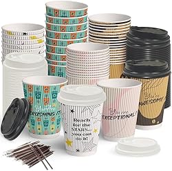 Dessie 100 Disposable Coffee Cups with Lids 12 Oz, To Go Coffee Paper Cups with Lids and Stirrers, Motivationa