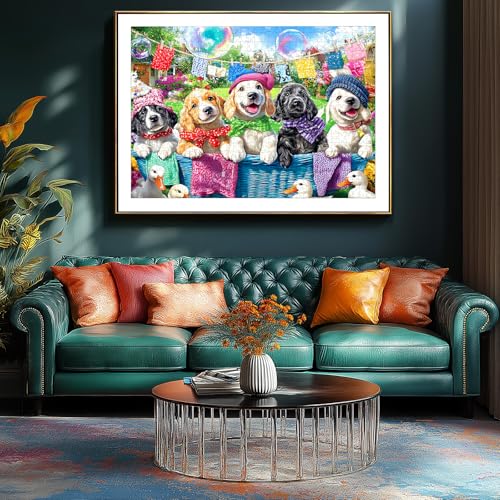 Image of Laundry Day Dogs 500 Piece Jigsaw Puzzle for Adults Colorful Garden Scene with Puppies Animal Puzzle with Letters on Back Fun & Relaxing Gift for Seniors, Family, Adults (23 inchx15 inch)
