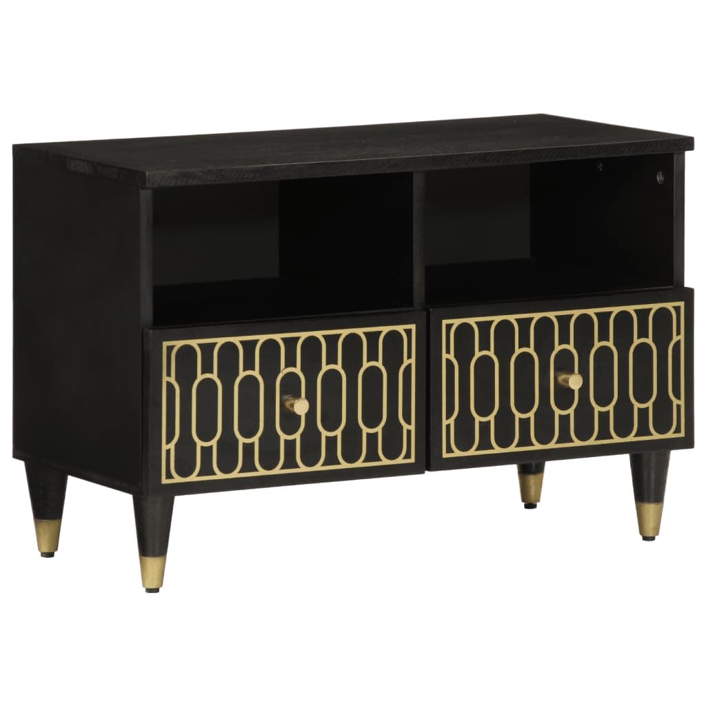 vidaXL Solid Mango Wood Media Unit - Black Retro Style TV Stand Entertainment Center with Hand-Carved Floral Patterns, Iron Legs, Storage Space