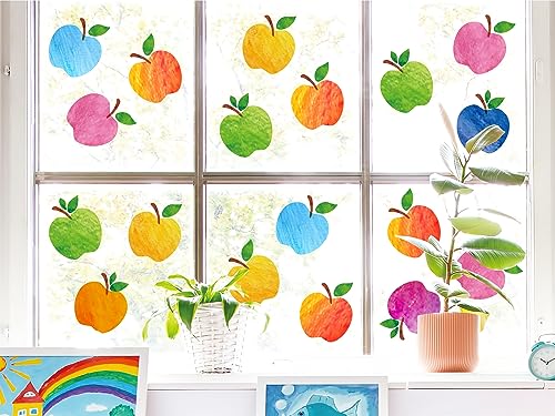 Image of Whaline 9 Sheets Colorful Apples Window Clings Double-Sided Back to the School Window Stickers Watercolor Apples Reusable Windows Decals for Nursery School Classroom Home Glass Blackboard Decor