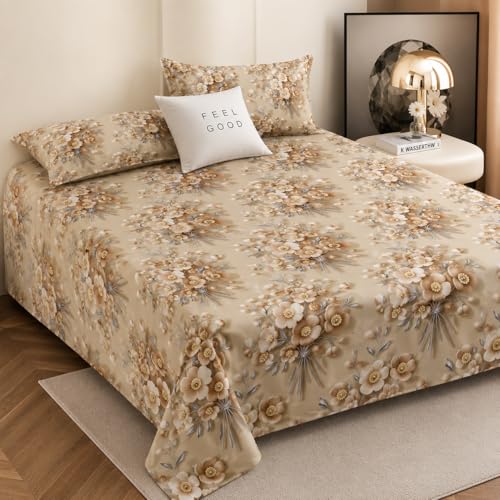 Image of Cotton Feel King Size Flat Bedsheet for Double Bed (90 x 100 Inches | 230 x 250 cm) with 2 Pillow Covers | Soft & Smooth Printed Bedsheet for Daily Use (Golden 7D, King Bed-90x100)