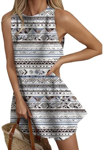 Boho Floral Dresses for Women 2026 Summer Casual Sleeveless Boat Neck Mini Dress Baggy Beach Vacation Outfits