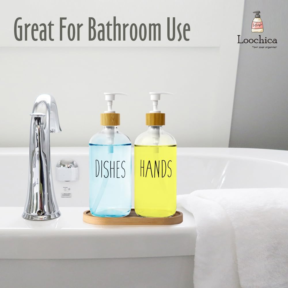LOOCHICA Clear Glass Soap Dispenser Set with Tray, Transparent Dish and Hand Soap Dispenser Set, Refillable Reusable Apothecary Soap Pump Dispenser Bottles for Bathroom and Kitchen image 4