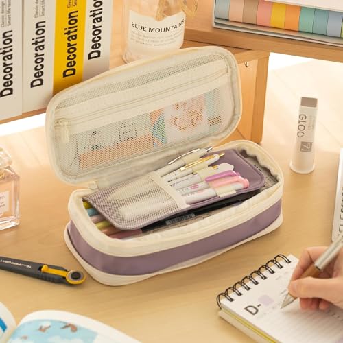 Image of LABUK Large Capacity Pencil Case Pouch, Cute Aesthetic Big Capacity Zipper Cases Pen Portable Office Stationery Makeup Bag, Desk Organizer for College Adults Women Men (Purple)