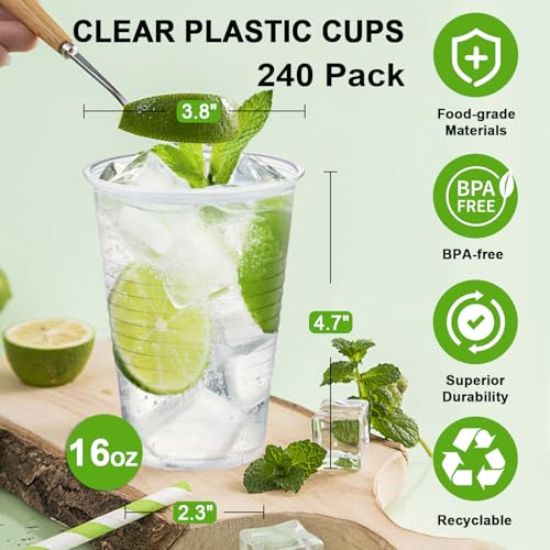 Clawsoff Plastic Cups 16 oz, 240 Pack - Clear Plastic Cups Disposable, Cold Drinking, Ice Coffee Cup for Party, Birthday, Holiday, Events & Everyday Use,Cold,Hot