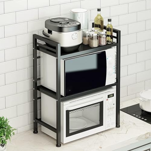 Image of HOME CUBE 2 Tier Microwave Oven Stand For Kitchen Expandable Microwave Oven Rack Otg Stand Kitchen Storage Shelf Spice Rack Toaster Grill Organizer Baker's Rack with 6 Hook (60x34.5x76 cm)