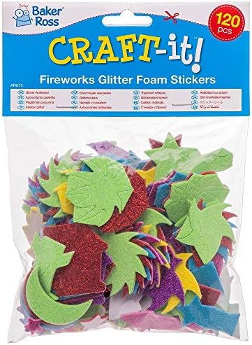 Baker Ross AR675 Craft-It Fireworks Glitter Foam Stickers for Kids' Crafts and Art Projects, Cards, Party Bags, and Decorations (Pack of 120)