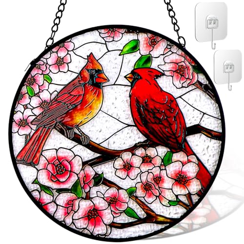 Remiawy Cardinal Stained Glass Window Hanging, 12 Inch Sun Catcher Glass Panel with Metal Chain and Hooks Suncatcher Indoor Window Wall Art Home Decor Gift for Bird Lovers Women Mother's Day Christmas