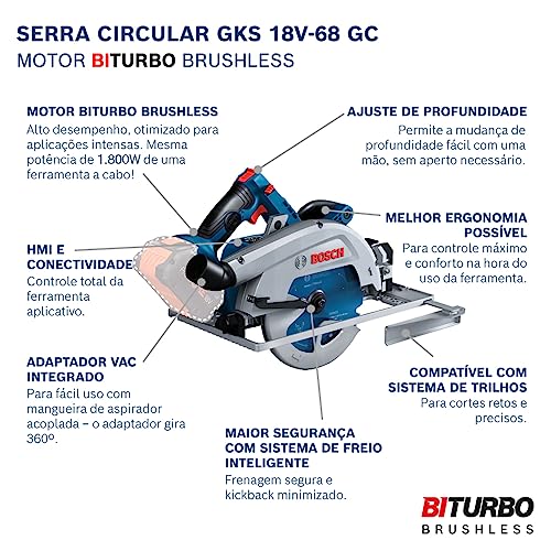 Bosch Serra Circular GKS 18V-68 GC Brushless 1800W Disco Sem bateria