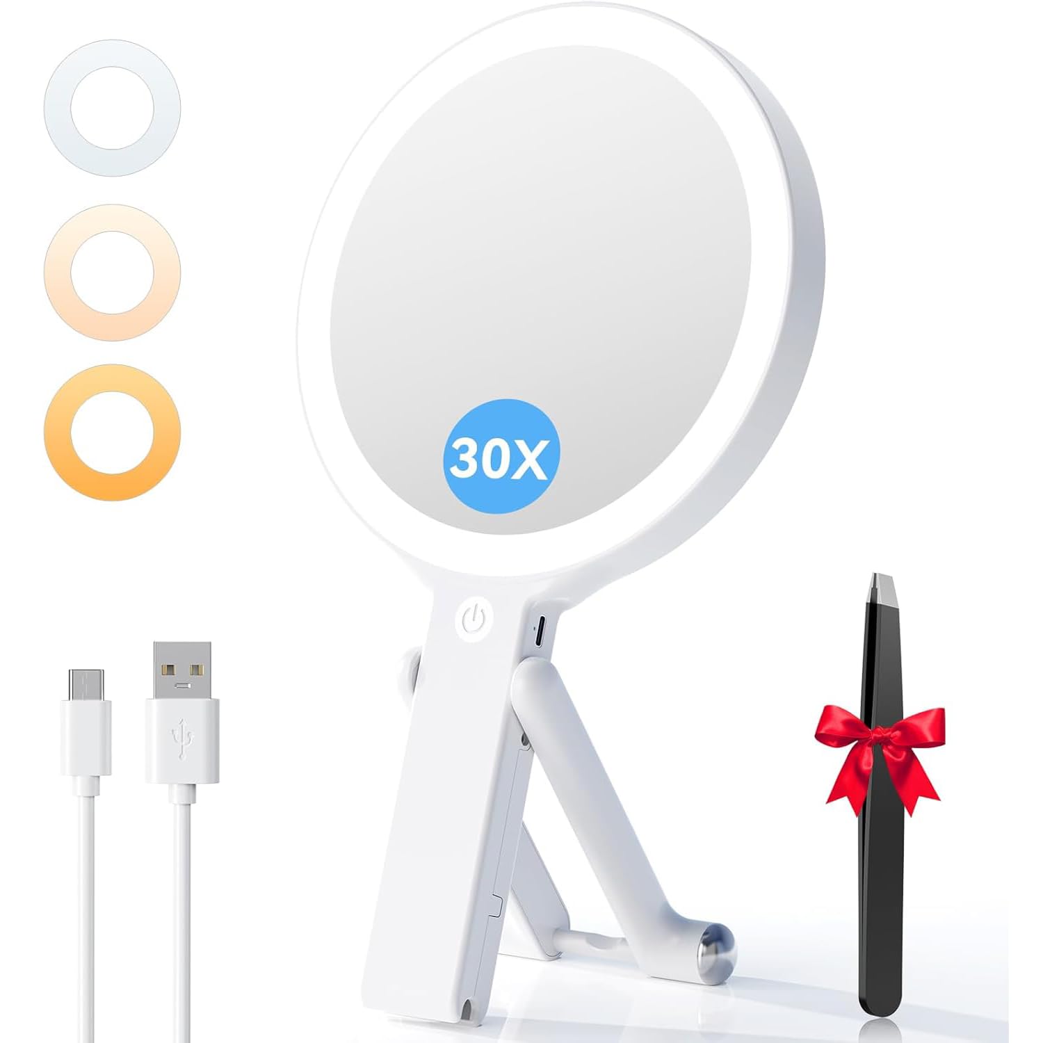 Auxmir Kosmetikspiegel mit Beleuchtung, 30X/1X Doppelseitiger Tischspiegel, Dimmbar Schminkspiegel mit 3 Lichtfarben, Faltbar Vergrößerungsspiegel, Tragbar Reisespiegel mit Tweezer für Zuhause & Reise