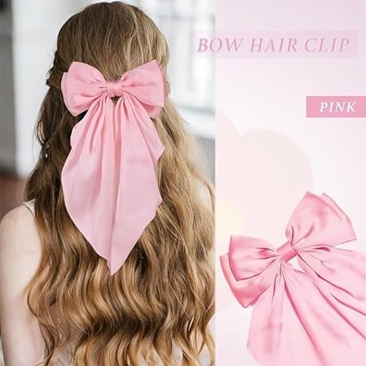 Image of FilterFashion Big Satin Layered Hair Bows for Women Girls 11.5 Inch Barrette Hair Clip Long Back Ribbon Bows French Style Hair Accessories (Baby Pink)