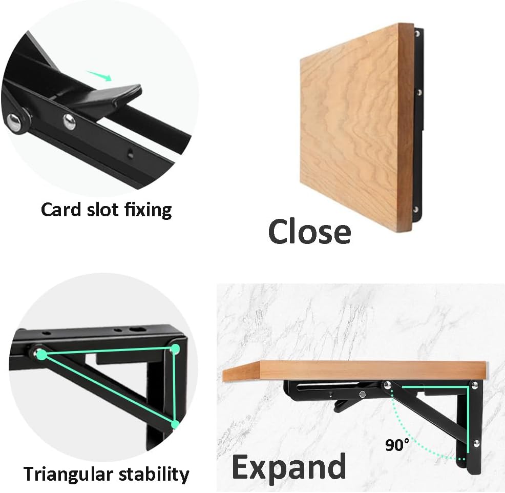 2Pcs Folding Shelf Brackets 200mm Metal Support Bracket Wall Mounted Folding Table Hinge for Kitchen Bedroom Work Bench (ZD/Black/8in)