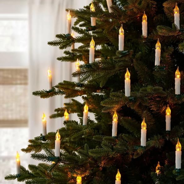 50ct Flickering LED Candlestick Lights, 40.8ft Lighted Length, Battery Operated with Clips, Warm Yellow Glow, Indoor Holiday Christmas Décor