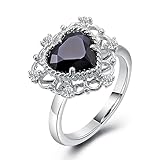 Anillos de mano derecha para mujer, juego de anillos de compromiso vintage, flor hueca con corazón negro moissanita, I 1/2, Platino, Moissanita
