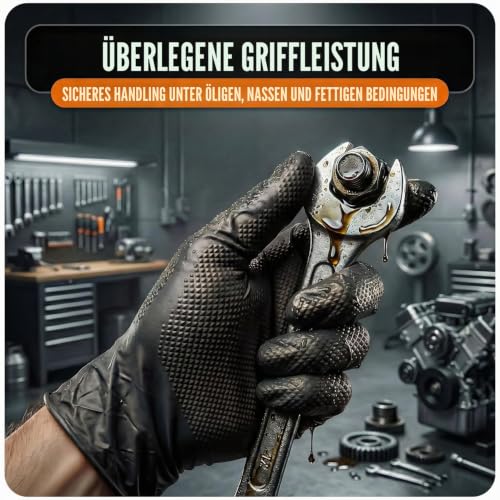 The Real Touch Nitrilhandschuhe, Größe XL, 50 Stück, Extra Stark Mechaniker Einweghandschuhe, Diamanttextur, Latexfrei & Puderfrei, Ideal für Kfz, Werkstatt & Industriearbeiten (Schwarz – 50, XL)