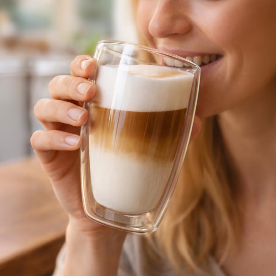 Set van 2 latte macchiato-glazen van glas, 200 ml, dubbelwandig, met 2 lepels en 2 onderzetters voor latte, cappuccino, espresso