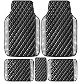 NBTEPEM Bling Leather Car Floor Mats Full Set, Sparkly Diamond Car Mats Universal Fit Most Automotive, Glitter Rhinestone Carpet Waterproof Anti-Slip, 5 pcs Set (Black Leather Silver Diamond)