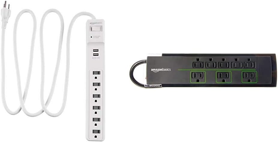  Basics 6-Outlet Surge Protector Power Strip with 2 USB Ports - 1000 Joule, White & 8-Outlet Power Strip Surge Protector, 4,500 Joule - 6-Foot Cord, Black/Green : Electronics