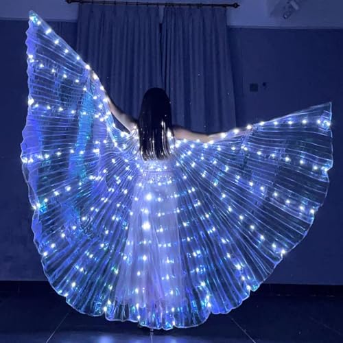 Ailes LED pour adultes 360° avec mode lumière clignotante toujours allumée, arc-en-ciel avec barres télescopiques, pour Halloween, carnaval, déguisement, danse du ventre, cosplay (adulte blanc)