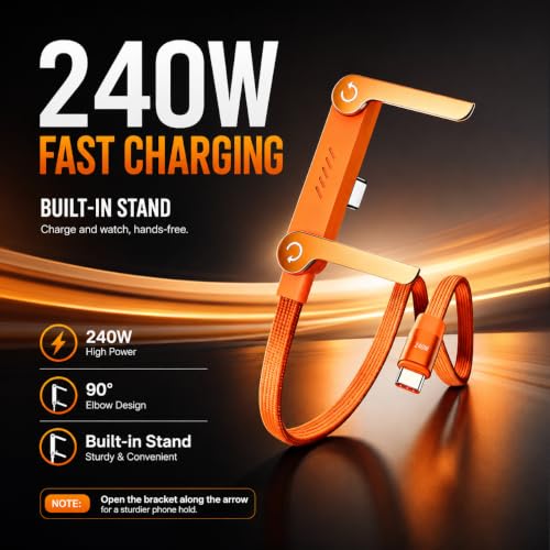 Image of Verilux PD 240W Right Angle Type C Cable Fast Charging 4.9FT /1.5M | C Type Charger Cable with 480Mbps Data Synch, Nylon Braided USB C Cable for iPhone 17 /16 /15, Galaxy S26 /25 /24, Orange