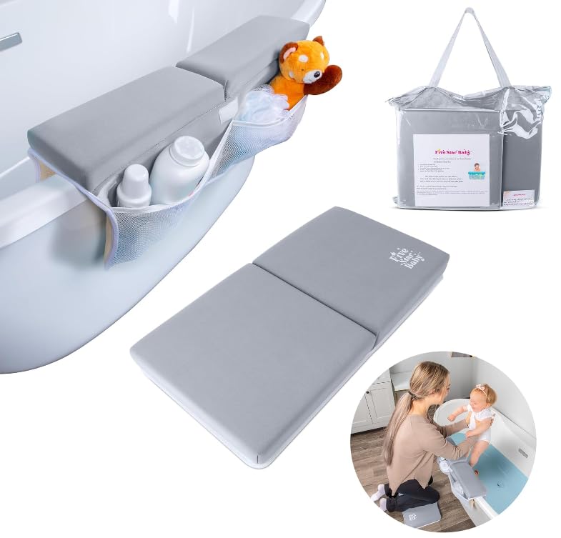 Image of FIVESTARBABY Bath Kneeler and Elbow Rest Pad Set - Extra Comfortable and Soft Bath Kneeling Pad for Bathing Baby with Bath Toys Organizer - Thick Memory Foam, Quick-Dry Bathtub Kneeling Set (Grey)