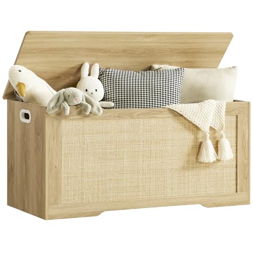 usikey 39.4” Storage Chest, Toy Box with 2 Safety Hinges, Toy Chest for Bedroom, Storage Bench with Storage, Shoe Bench, Supports 220 lb, for Living Room, Entryway, Natural