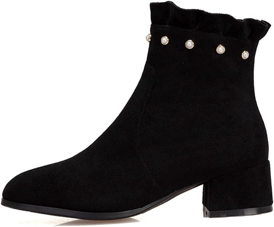 Women's Round Toe Pearls Dressy Ankle Boots Suede Side Zipper Block Low Heels Dress Short Booties