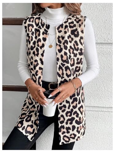 MakeMeChic Women's Leopard Print Open Front Vest Outerwear Sleeveless Vintage Jacket Coat4