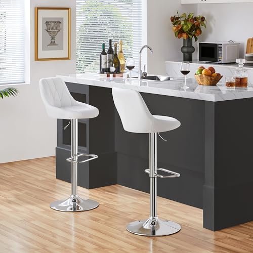 Yaheetech Bar Stools Set of 2, Height Adjustable Swivel Stools Chair with Backrest, Footrest for Breakfast Counter Home Kitchen, White