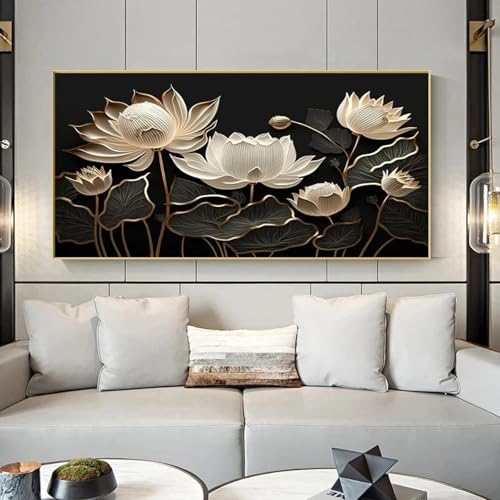 Toile moderne lotus noir et doré imperméable impression HD grand cadre salon 40x80