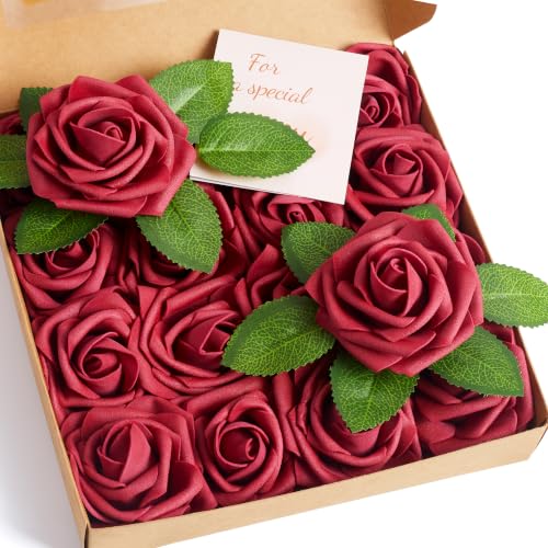 Rosas artificiales rojas burdeos de espuma con tallos para decoración navideña 2