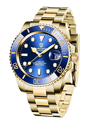 Herren armbanduhren Pagani Design Herrenuhren Automatik Mechanisch Analog Datum Edelstahl Golduhr 100M Taucheruhr Keramiklünette Synthetisches Saphirglas (Goldenes Blau)…