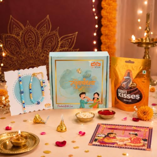 Image of Gifticon Rakhi Set for Brother with Chocolate | Premium Designer Rakhi, Chocolate, Roli Chawal, Greeting Card & Premium Gift Box | Rakhi Hamper for Raksha Bandhan | Evil Eye Rakhis