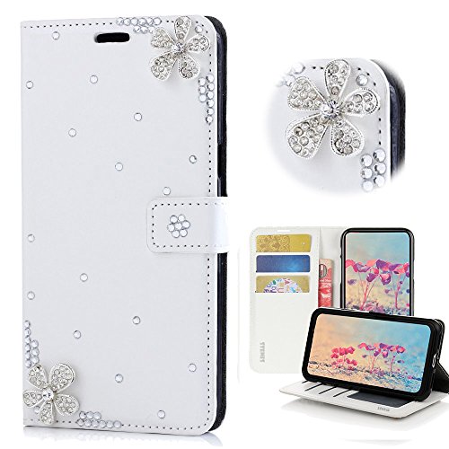 STENES Bling Case Compatible with ZTE Maven 3 - Stylish - 3D Handmade Crystal Flowers Design Magnetic Wallet Leather Cover Compatible with ZTE Maven 3 - White