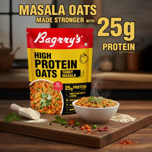 Image of Bagrry's High Protein Masala Oats 400g | 25g Plant Protein | Tangy Masala Flavour | Instant Savoury Oats | Wholegrain Breakfast Cereal with Real Veggies & Herbs | Protein Oats for Gym & Weight Management | No Palm Oil, No MSG, No Added Preservatives | Ready in 3 Minutes