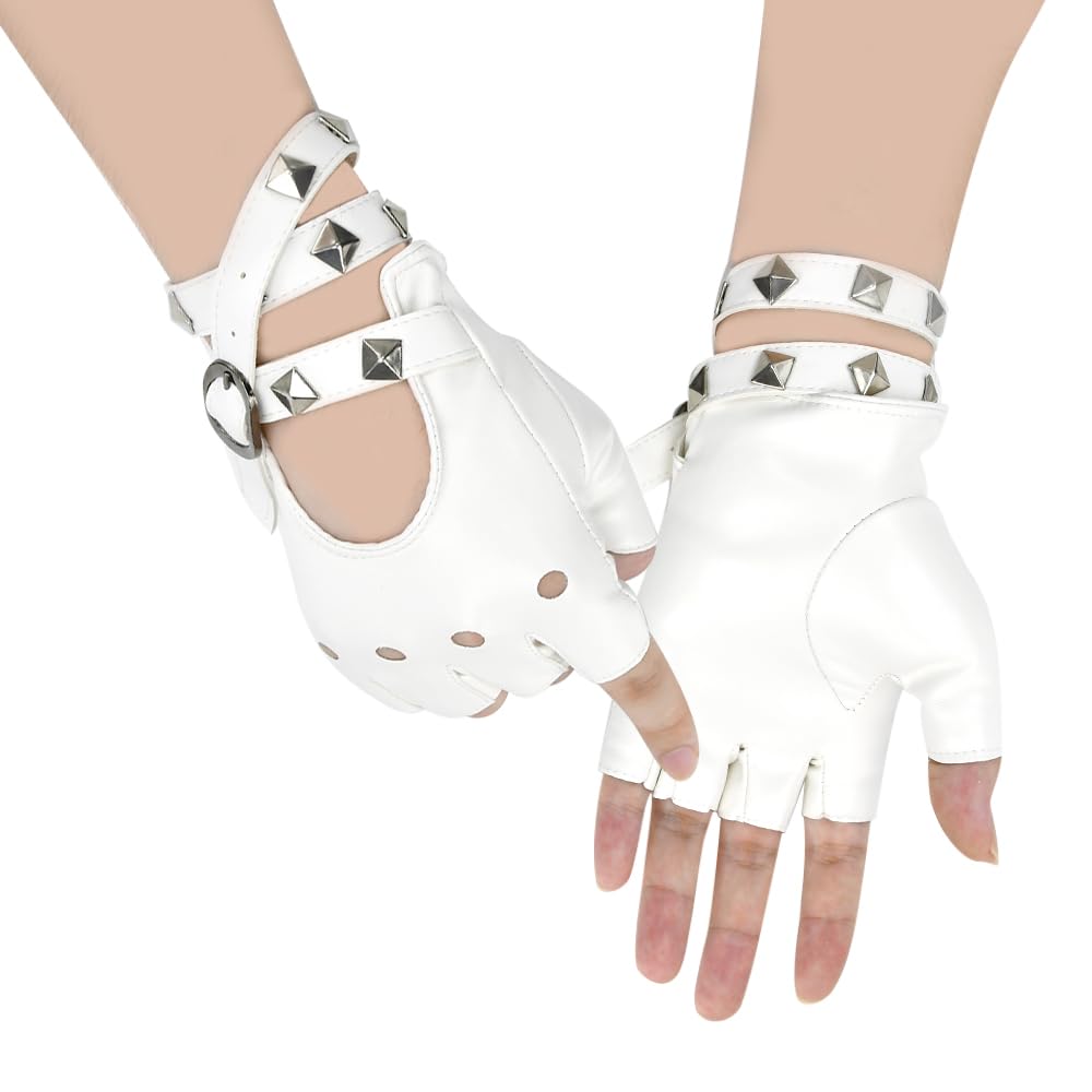 Guanti Punk Donna In PU Bianco Con Borchie - Senza Dita, Per Concerti, Cosplay E Feste Alternative - Foto 10