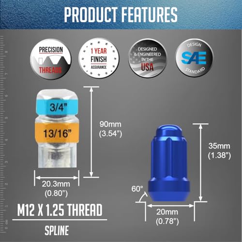 Image of Wheel Accessories Parts 20 Pcs M12x1.25 12x1.25 Thread Car Spline 1.38 inch 35mm Long Lug Nuts Blue Spline Hex Fits Most Subaru Pass Cars ｜ Nissan Pass Cars