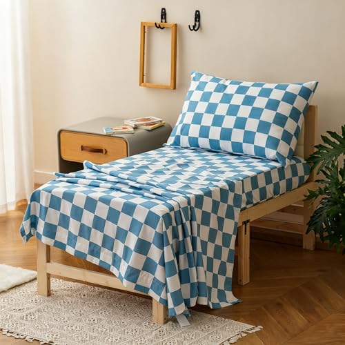 Image of Wellboo Blue White Plaid Toddler Bedding Sets for Girls Boys Sky Blue and White Checkerboard Grid 4 Pieces Soft Crib Bed Set Including Comforter, Sheets and Pillowcase Kids Checkered Geometric Quilt